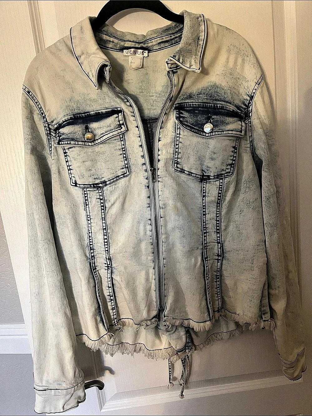 VENUS Women's Distressed Denim Jacket - Lace Up Detail in Back Size 14